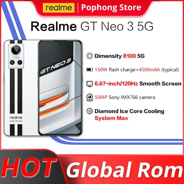 Global Rom Realme GT Neo 3 12GB 256GB 5G MobilePhone 6.7 inch 120Hz Display Dimensity 8100 5G Ocat Core 80W/150W FastCharge